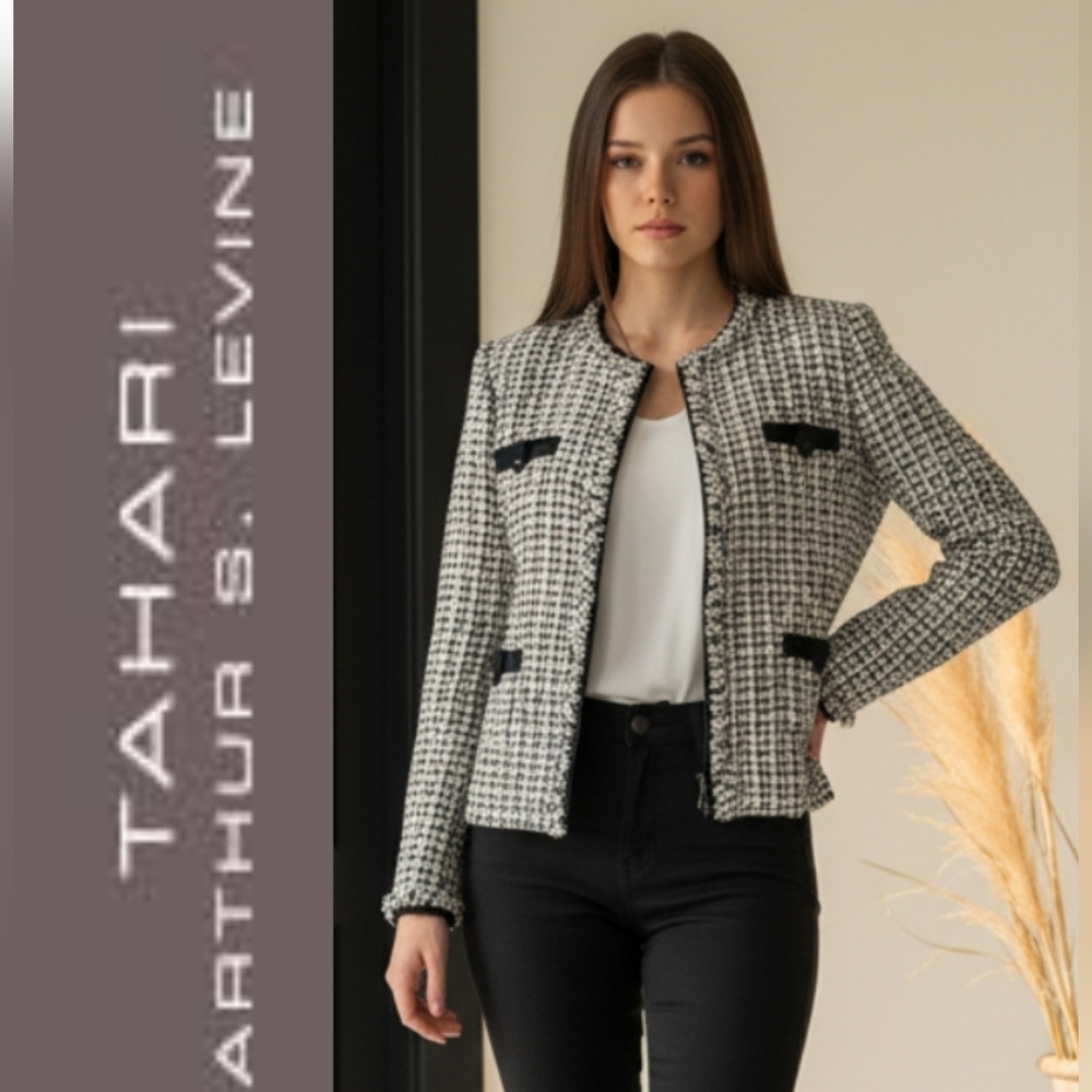 Tahari ASL Levine Ivory/Black Tweed Fringe Zip Front Blazer